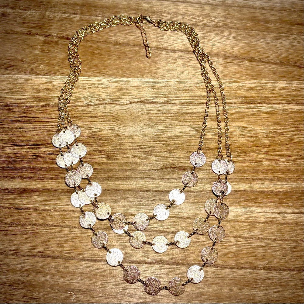 Gold Plated Three Chain Layered Boho Textured “Disc” Necklace